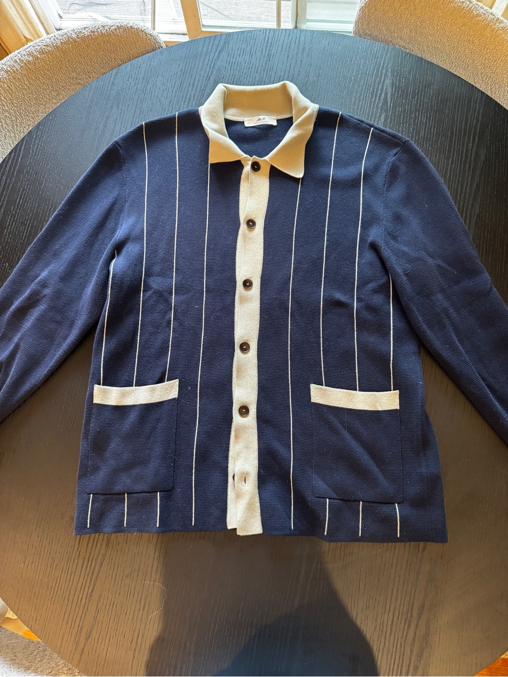 Navy Knit Button-Front Jacket with Cream Trim